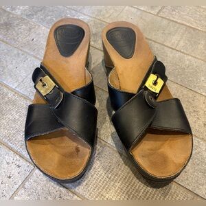 School’s black leather cork platform sandals